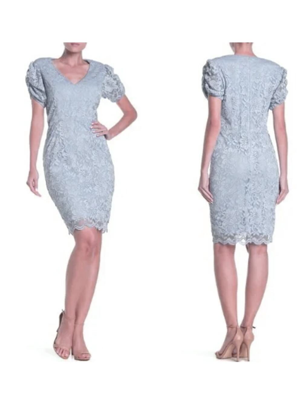 Marina Light Blue Metallic Lace Sheath Dress Womens 10 Puff Sleeve Scalloped Hem